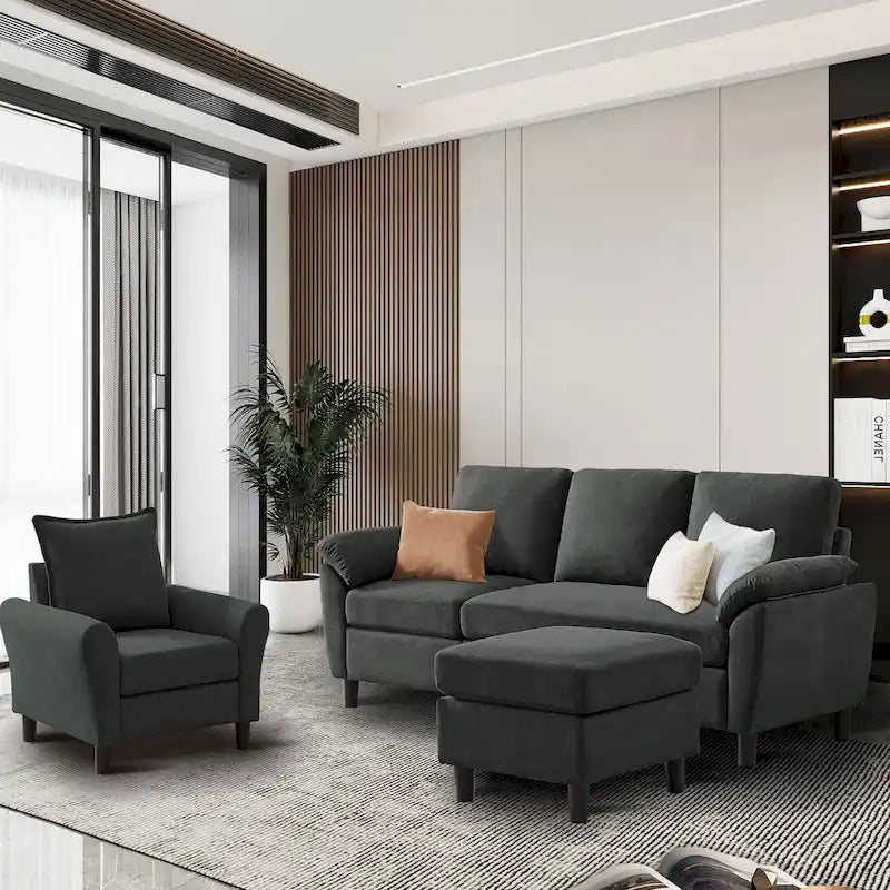 Ensemble canapé d'angle 3 pièces avec fauteuil et pouf
