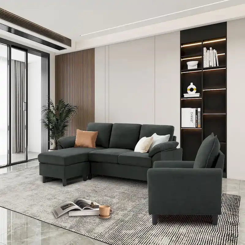 Ensemble canapé d'angle 3 pièces avec fauteuil et pouf