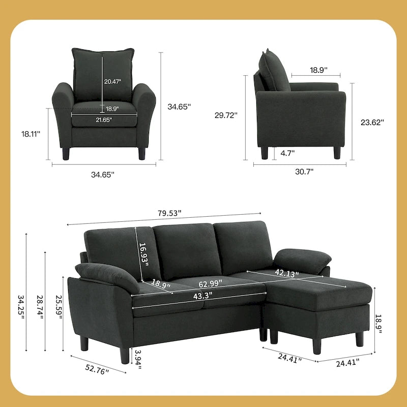Ensemble canapé d'angle 3 pièces avec fauteuil et pouf
