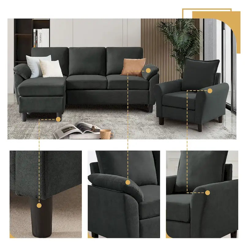 Ensemble canapé d'angle 3 pièces avec fauteuil et pouf
