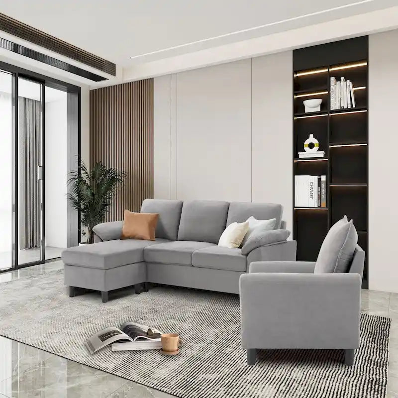 Ensemble canapé d'angle 3 pièces avec fauteuil et pouf