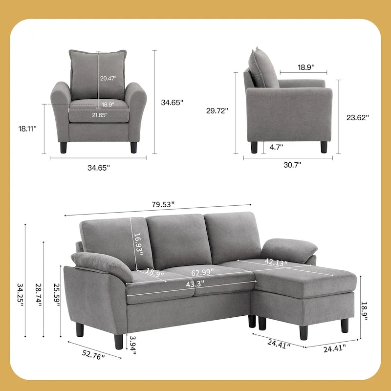 Ensemble canapé d'angle 3 pièces avec fauteuil et pouf