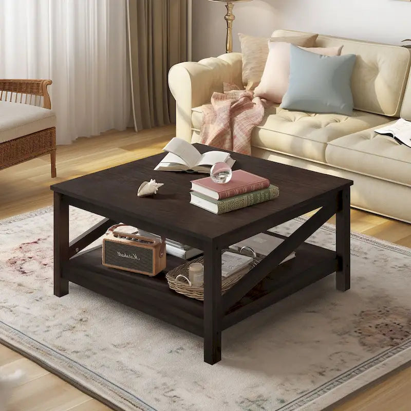 Table basse carrée à 2 niveaux Moasis avec étagère centrale pour salon