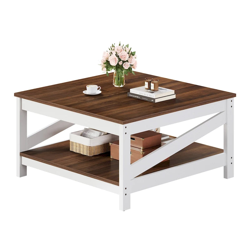 Table basse carrée à 2 niveaux Moasis avec étagère centrale pour salon