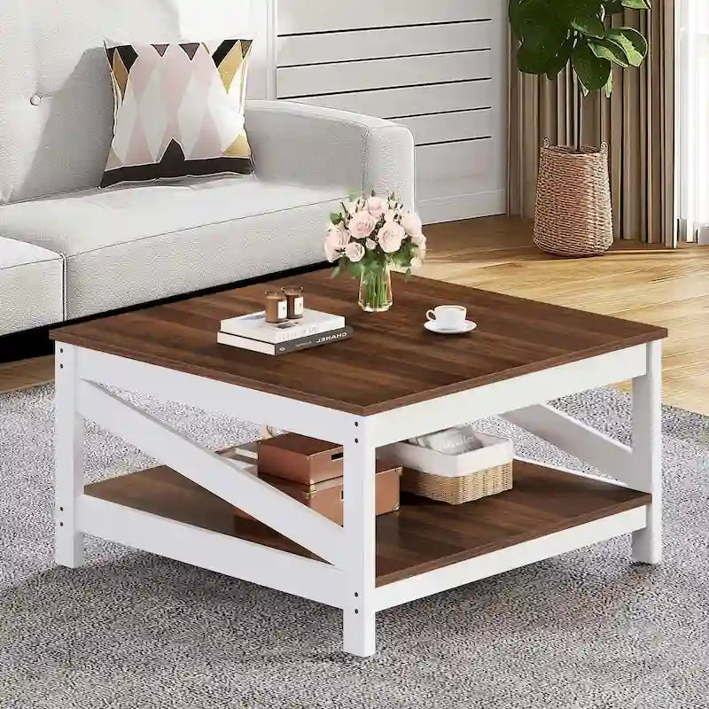 Table basse carrée à 2 niveaux Moasis avec étagère centrale pour salon