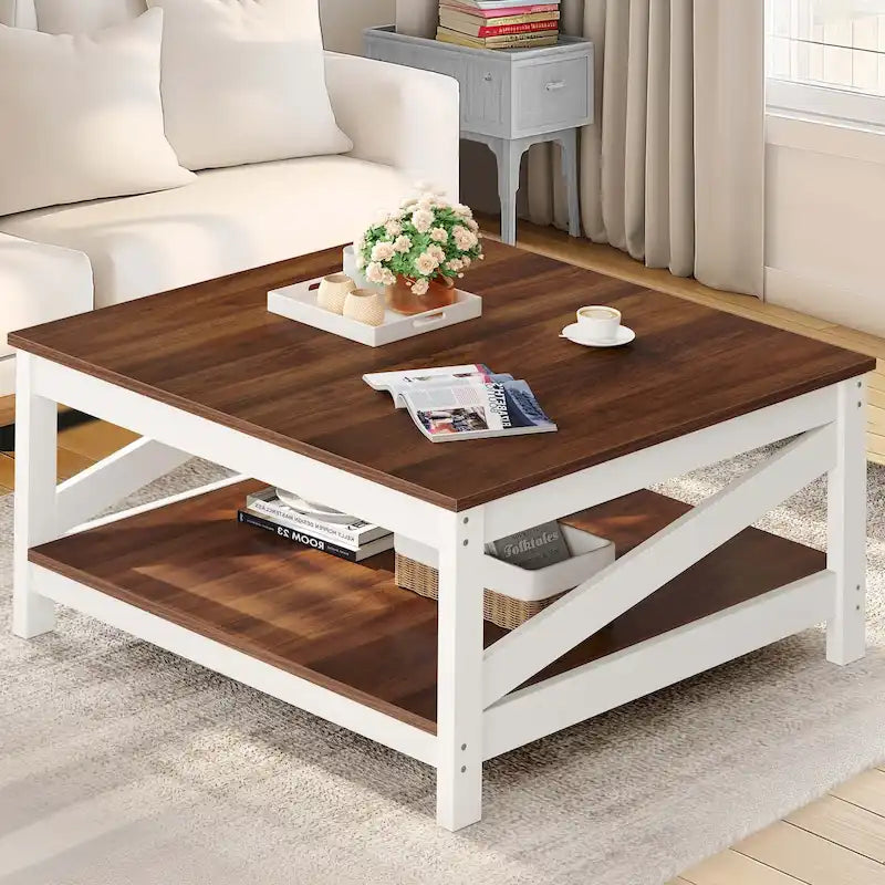 Table basse carrée à 2 niveaux Moasis avec étagère centrale pour salon