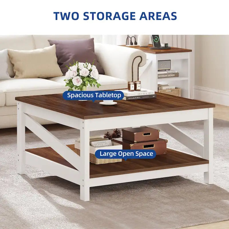 Table basse carrée à 2 niveaux Moasis avec étagère centrale pour salon