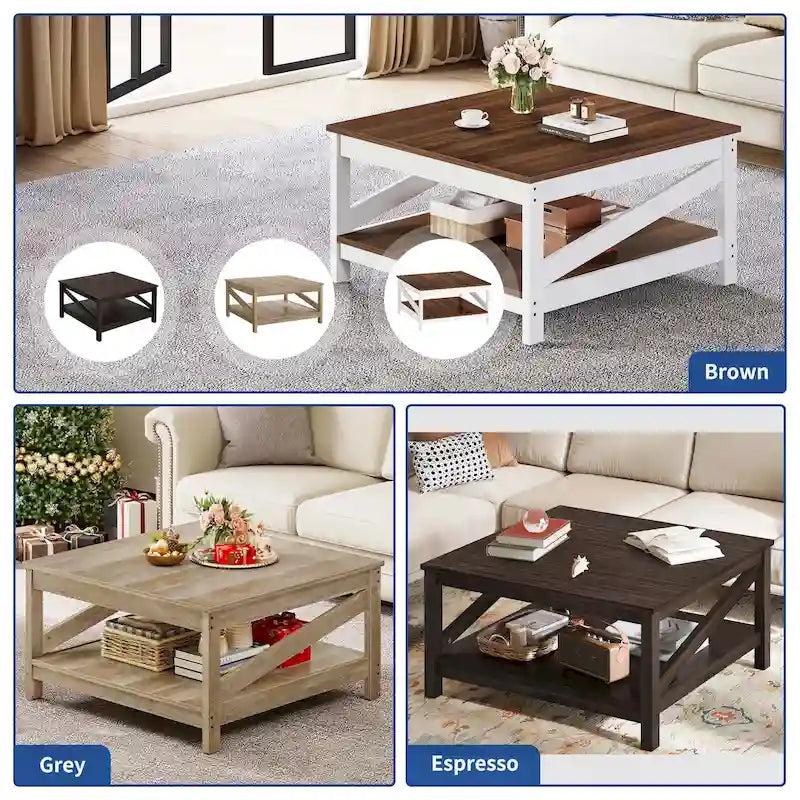 Table basse carrée à 2 niveaux Moasis avec étagère centrale pour salon