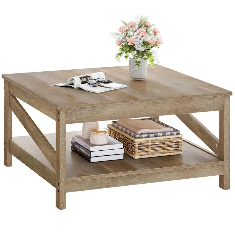 Table basse carrée à 2 niveaux Moasis avec étagère centrale pour salon