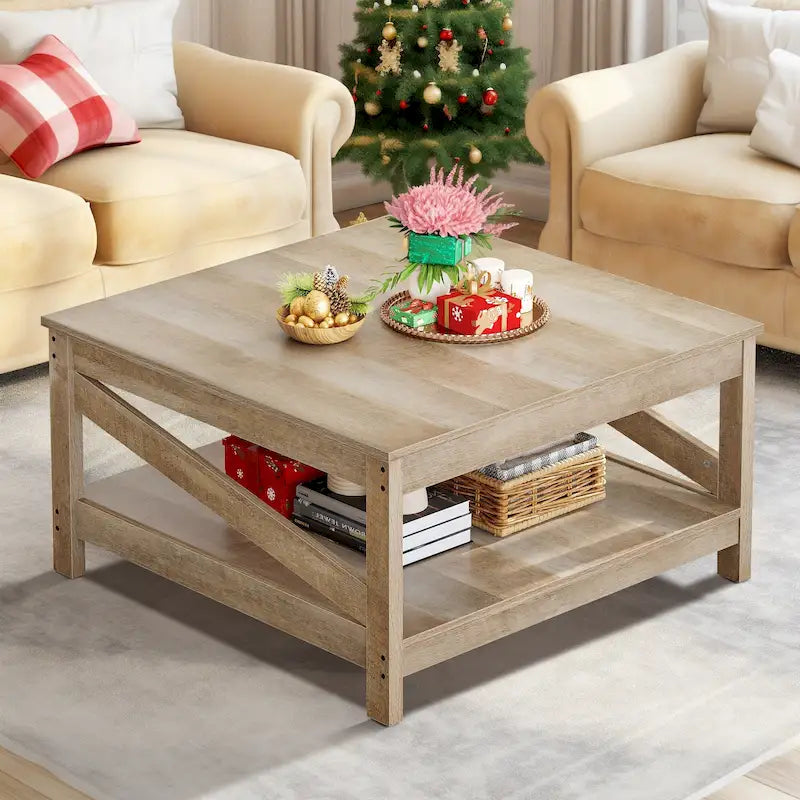 Table basse carrée à 2 niveaux Moasis avec étagère centrale pour salon
