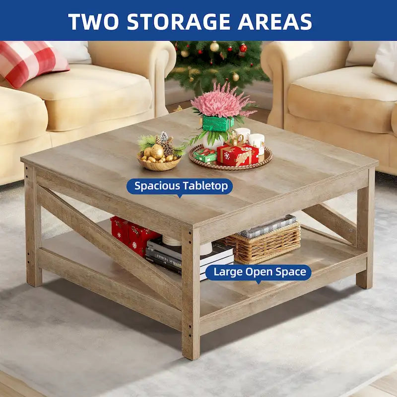 Table basse carrée à 2 niveaux Moasis avec étagère centrale pour salon