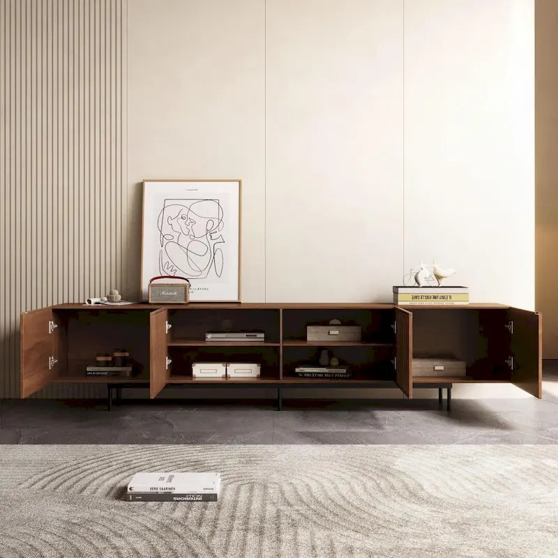 Meuble TV de style moderne du milieu du siècle avec 4 portes de rangement, compatible avec les téléviseurs jusqu'à 100 pouces, centre de divertissement pour le salon