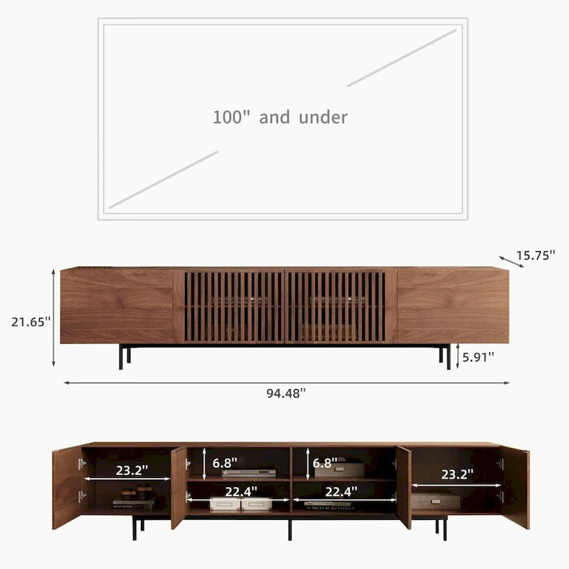 Meuble TV de style moderne du milieu du siècle avec 4 portes de rangement, compatible avec les téléviseurs jusqu'à 100 pouces, centre de divertissement pour le salon