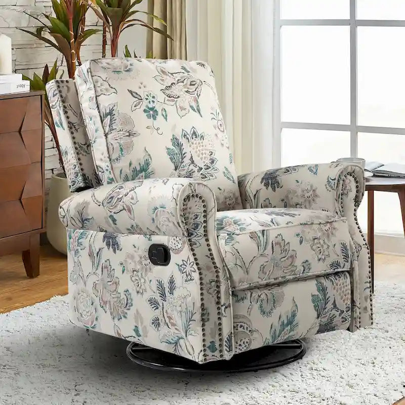 Fauteuil inclinable pivotant à bascule Roderich Farmhouse à imprimé floral et accoudoirs roulés par HULALA HOME