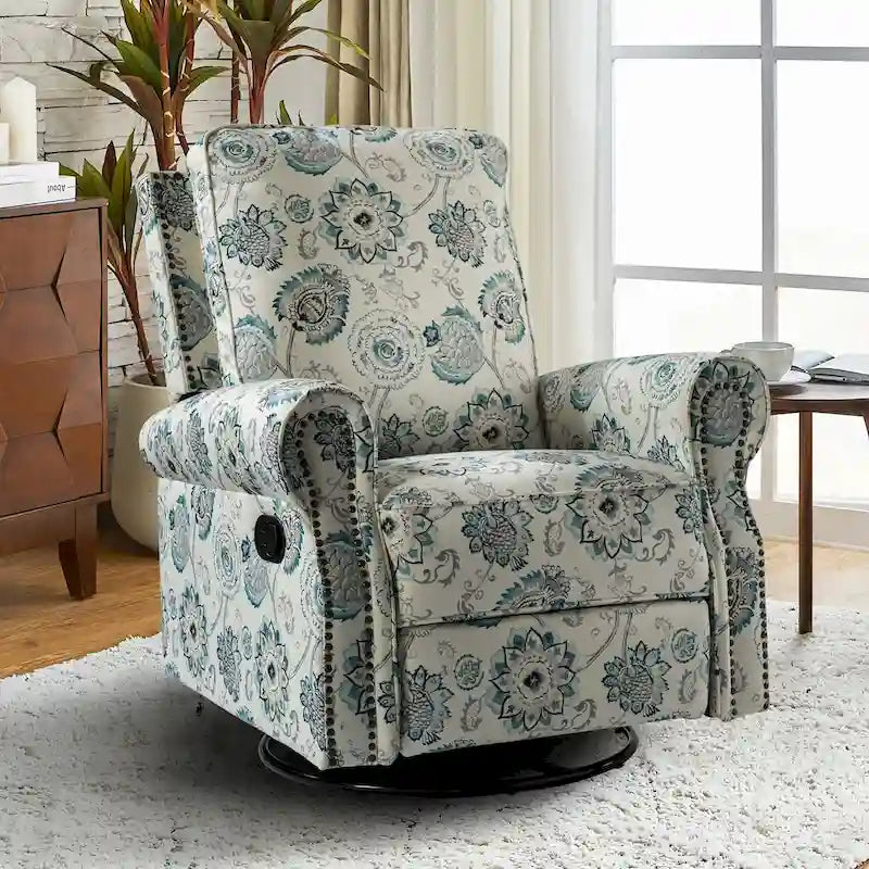 Fauteuil inclinable pivotant à bascule Roderich Farmhouse à imprimé floral et accoudoirs roulés par HULALA HOME