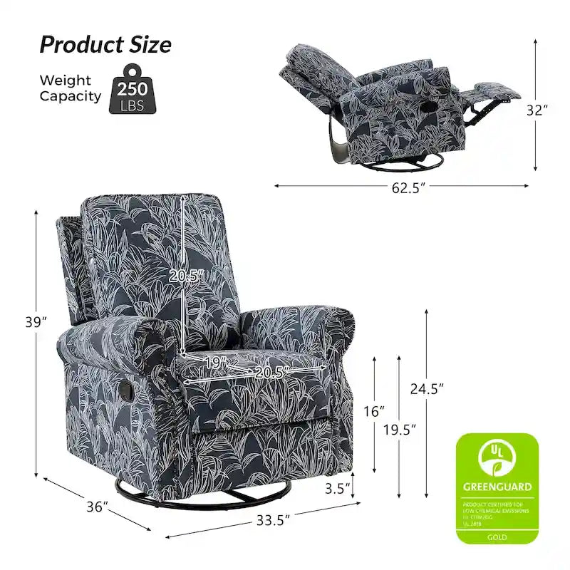 Fauteuil inclinable pivotant à bascule Roderich Farmhouse à imprimé floral et accoudoirs roulés par HULALA HOME