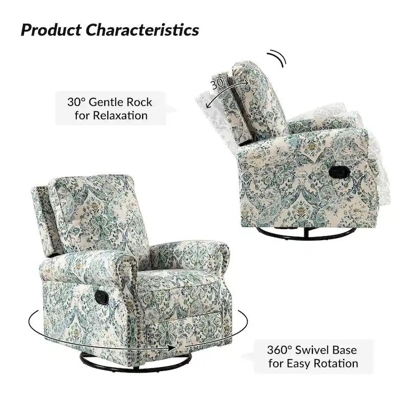 Fauteuil inclinable pivotant à bascule Roderich Farmhouse à imprimé floral et accoudoirs roulés par HULALA HOME