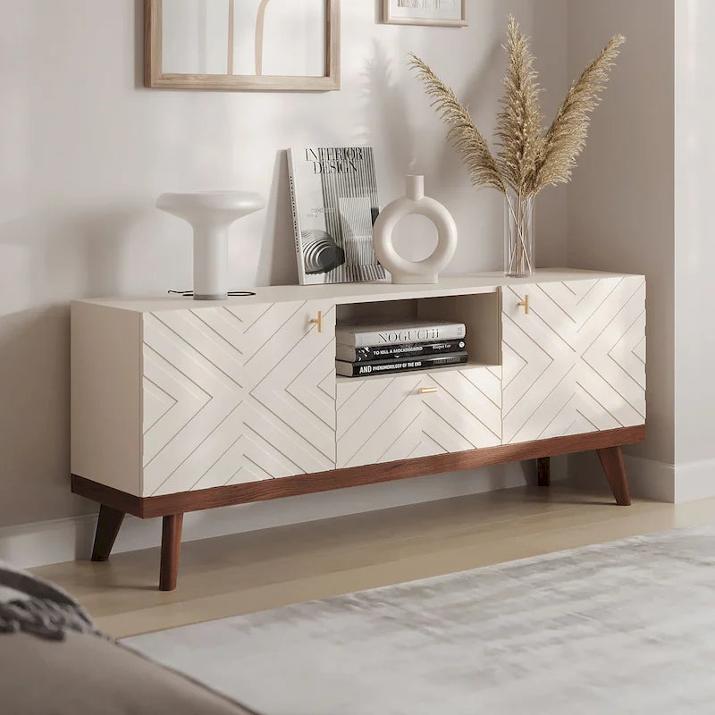 Meuble TV console Living Skog Alba beige avec tiroir, compatible avec les téléviseurs jusqu'à 65 pouces, pieds en bois, design moderne du milieu du siècle
