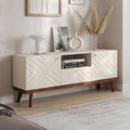 Meuble TV console Living Skog Alba beige avec tiroir, compatible avec les téléviseurs jusqu'à 65 pouces, pieds en bois, design moderne du milieu du siècle
