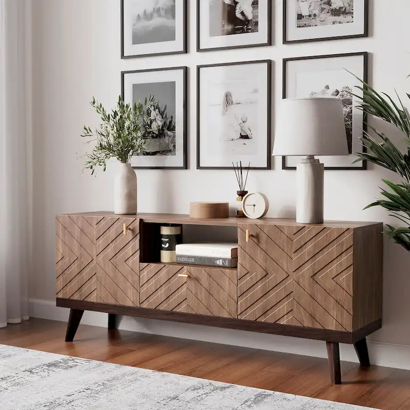 Meuble TV console Living Skog Alba beige avec tiroir, compatible avec les téléviseurs jusqu'à 65 pouces, pieds en bois, design moderne du milieu du siècle