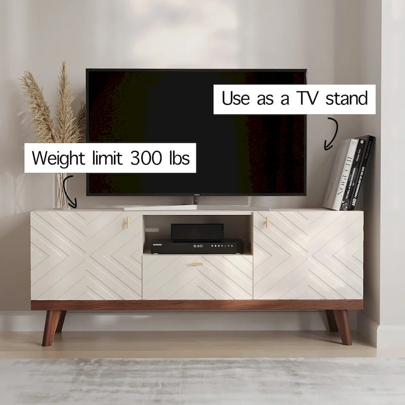 Meuble TV console Living Skog Alba beige avec tiroir, compatible avec les téléviseurs jusqu'à 65 pouces, pieds en bois, design moderne du milieu du siècle