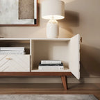 Meuble TV console Living Skog Alba beige avec tiroir, compatible avec les téléviseurs jusqu'à 65 pouces, pieds en bois, design moderne du milieu du siècle