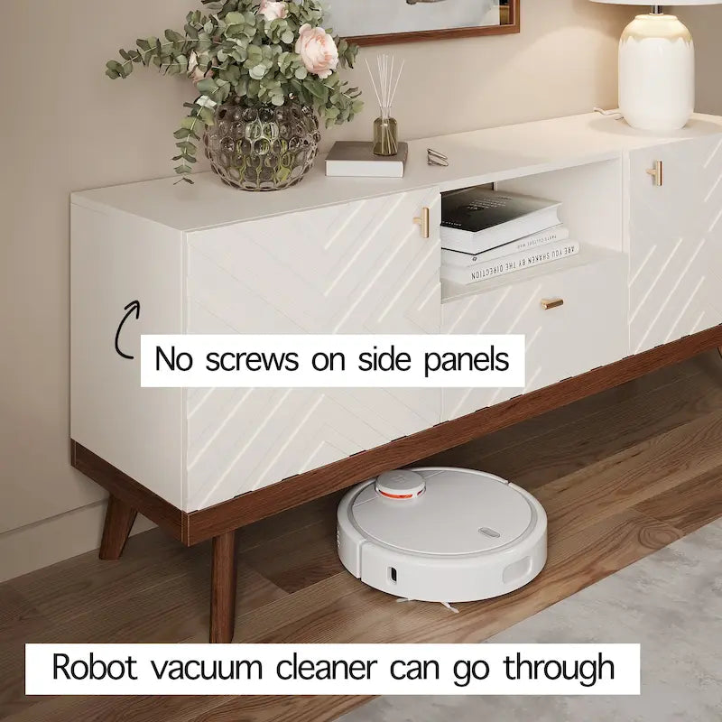 Meuble TV console Living Skog Alba beige avec tiroir, compatible avec les téléviseurs jusqu'à 65 pouces, pieds en bois, design moderne du milieu du siècle