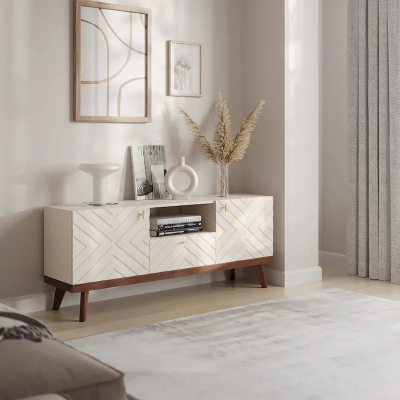 Meuble TV console Living Skog Alba beige avec tiroir, compatible avec les téléviseurs jusqu'à 65 pouces, pieds en bois, design moderne du milieu du siècle