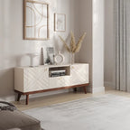 Meuble TV console Living Skog Alba beige avec tiroir, compatible avec les téléviseurs jusqu'à 65 pouces, pieds en bois, design moderne du milieu du siècle