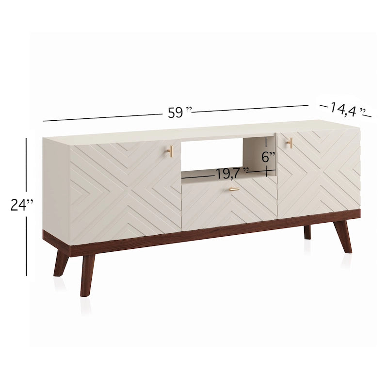 Meuble TV console Living Skog Alba beige avec tiroir, compatible avec les téléviseurs jusqu'à 65 pouces, pieds en bois, design moderne du milieu du siècle