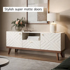 Meuble TV console Living Skog Alba beige avec tiroir, compatible avec les téléviseurs jusqu'à 65 pouces, pieds en bois, design moderne du milieu du siècle