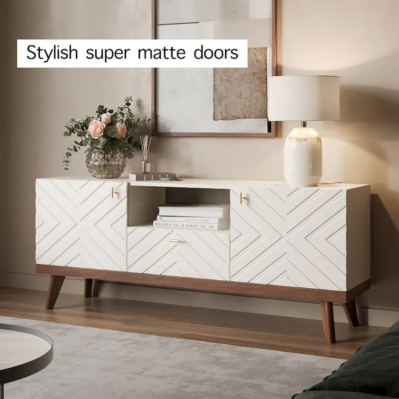 Meuble TV console Living Skog Alba beige avec tiroir, compatible avec les téléviseurs jusqu'à 65 pouces, pieds en bois, design moderne du milieu du siècle