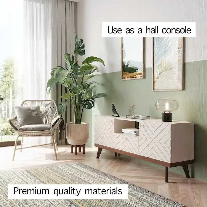 Meuble TV console Living Skog Alba beige avec tiroir, compatible avec les téléviseurs jusqu'à 65 pouces, pieds en bois, design moderne du milieu du siècle