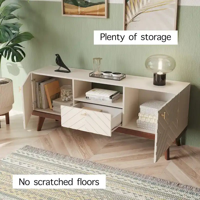 Meuble TV console Living Skog Alba beige avec tiroir, compatible avec les téléviseurs jusqu'à 65 pouces, pieds en bois, design moderne du milieu du siècle