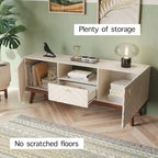 Meuble TV console Living Skog Alba beige avec tiroir, compatible avec les téléviseurs jusqu'à 65 pouces, pieds en bois, design moderne du milieu du siècle