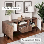 Meuble TV console Living Skog Alba beige avec tiroir, compatible avec les téléviseurs jusqu'à 65 pouces, pieds en bois, design moderne du milieu du siècle