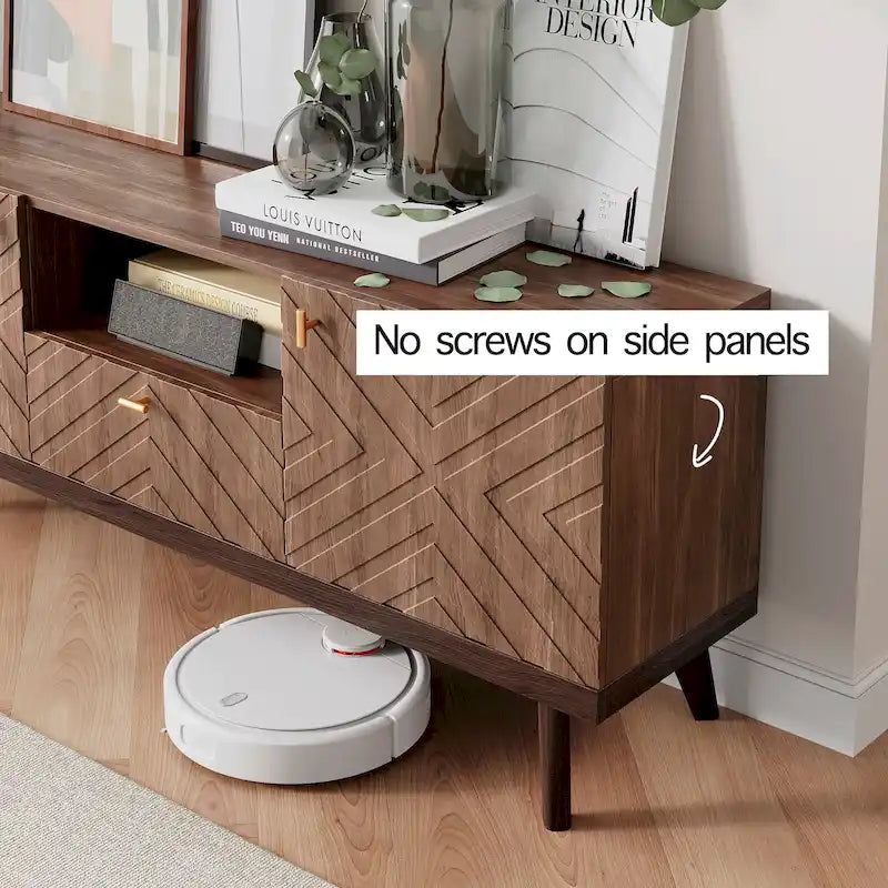 Meuble TV console Living Skog Alba beige avec tiroir, compatible avec les téléviseurs jusqu'à 65 pouces, pieds en bois, design moderne du milieu du siècle