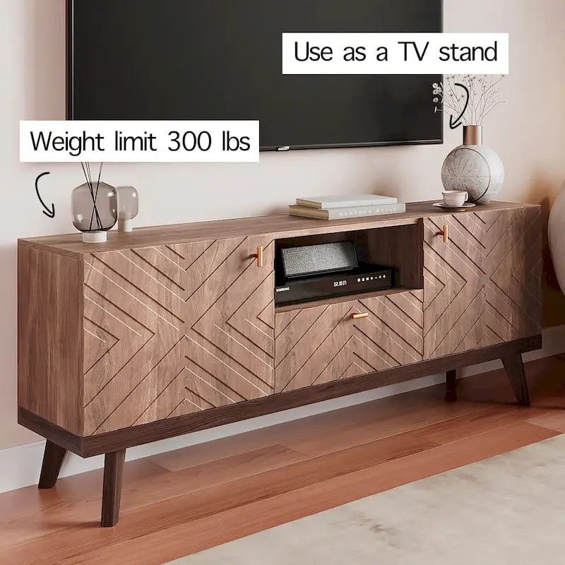 Meuble TV console Living Skog Alba beige avec tiroir, compatible avec les téléviseurs jusqu'à 65 pouces, pieds en bois, design moderne du milieu du siècle