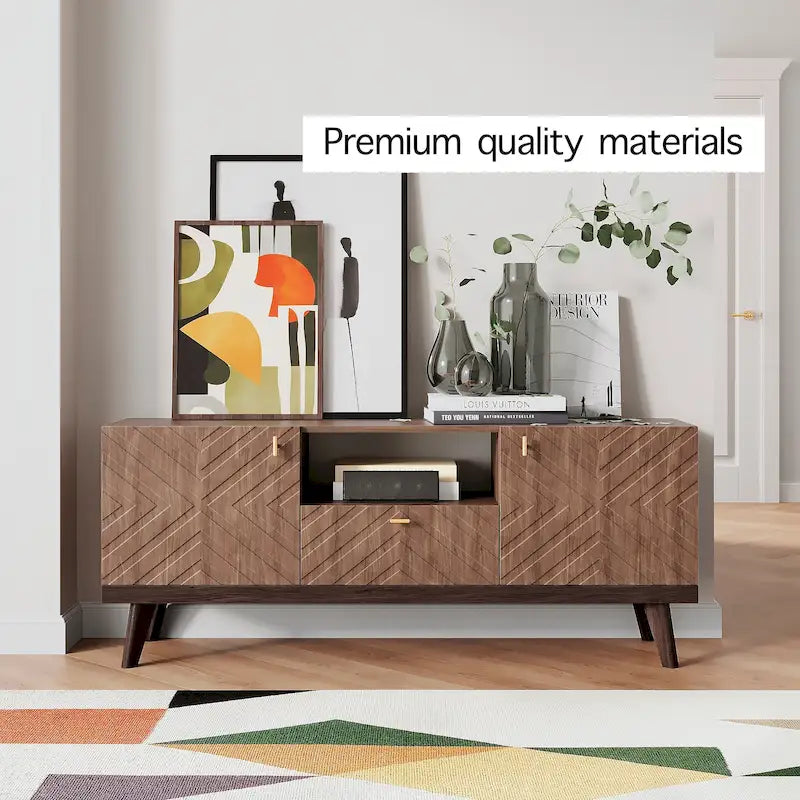 Meuble TV console Living Skog Alba beige avec tiroir, compatible avec les téléviseurs jusqu'à 65 pouces, pieds en bois, design moderne du milieu du siècle