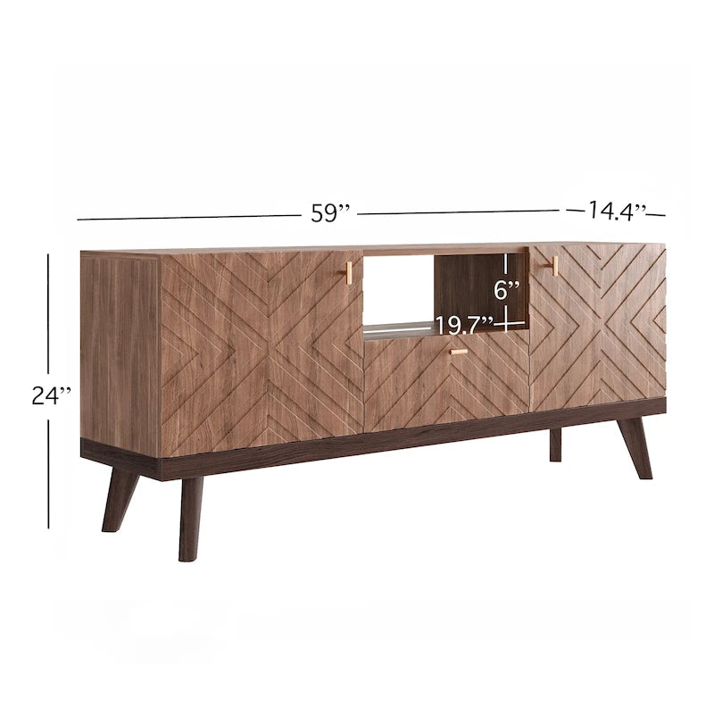 Meuble TV console Living Skog Alba beige avec tiroir, compatible avec les téléviseurs jusqu'à 65 pouces, pieds en bois, design moderne du milieu du siècle