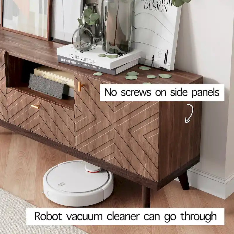 Meuble TV console Living Skog Alba beige avec tiroir, compatible avec les téléviseurs jusqu'à 65 pouces, pieds en bois, design moderne du milieu du siècle
