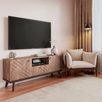 Meuble TV console Living Skog Alba beige avec tiroir, compatible avec les téléviseurs jusqu'à 65 pouces, pieds en bois, design moderne du milieu du siècle