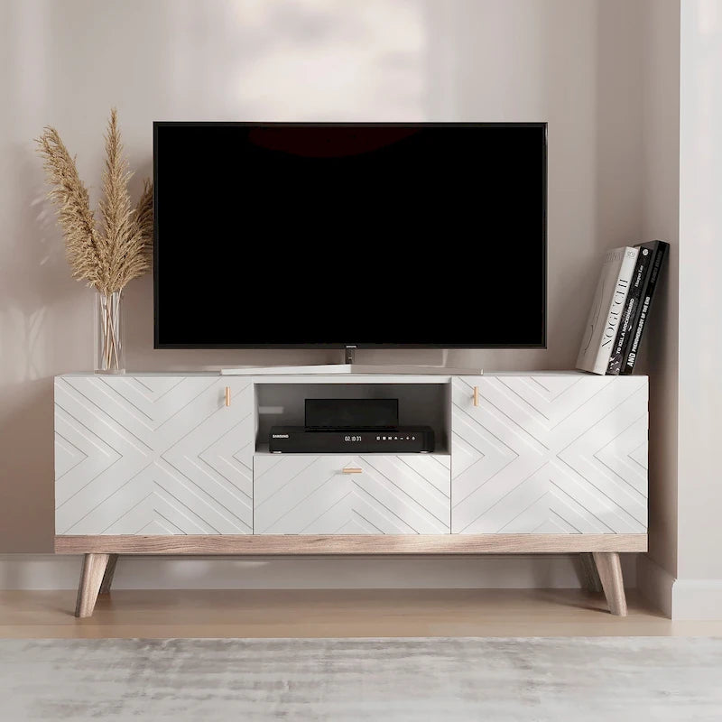 Meuble TV console Living Skog Alba beige avec tiroir, compatible avec les téléviseurs jusqu'à 65 pouces, pieds en bois, design moderne du milieu du siècle
