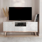 Meuble TV console Living Skog Alba beige avec tiroir, compatible avec les téléviseurs jusqu'à 65 pouces, pieds en bois, design moderne du milieu du siècle