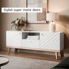 Meuble TV console Living Skog Alba beige avec tiroir, compatible avec les téléviseurs jusqu'à 65 pouces, pieds en bois, design moderne du milieu du siècle