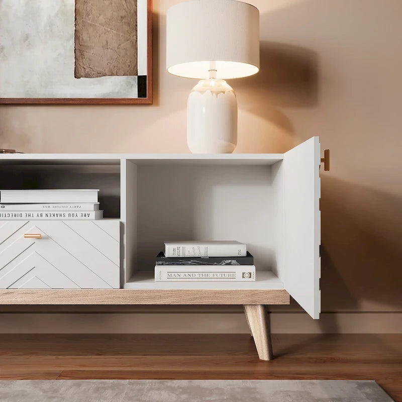 Meuble TV console Living Skog Alba beige avec tiroir, compatible avec les téléviseurs jusqu'à 65 pouces, pieds en bois, design moderne du milieu du siècle