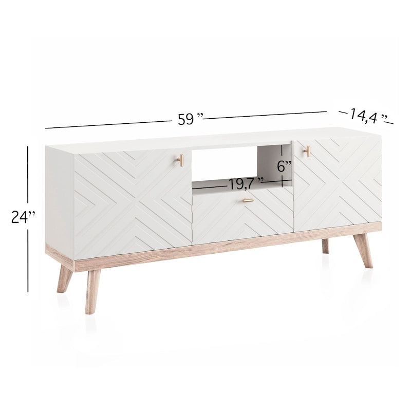Meuble TV console Living Skog Alba beige avec tiroir, compatible avec les téléviseurs jusqu'à 65 pouces, pieds en bois, design moderne du milieu du siècle