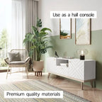 Meuble TV console Living Skog Alba beige avec tiroir, compatible avec les téléviseurs jusqu'à 65 pouces, pieds en bois, design moderne du milieu du siècle