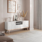 Meuble TV console Living Skog Alba beige avec tiroir, compatible avec les téléviseurs jusqu'à 65 pouces, pieds en bois, design moderne du milieu du siècle