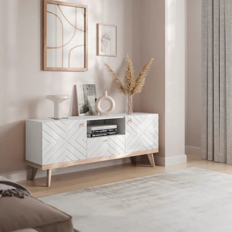 Meuble TV console Living Skog Alba beige avec tiroir, compatible avec les téléviseurs jusqu'à 65 pouces, pieds en bois, design moderne du milieu du siècle